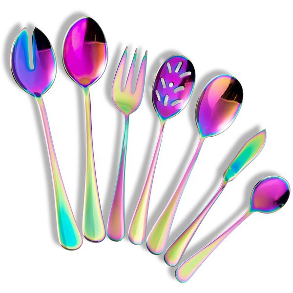 Color rainbow Serving utensils set. Stainless Steel Hostess Flatware Sets 7-Piece Includes Silverware Large Salad Serving Spoons, Forks & Slotted Spoons,sugar spoons,butter knife.Dishwasher Safe