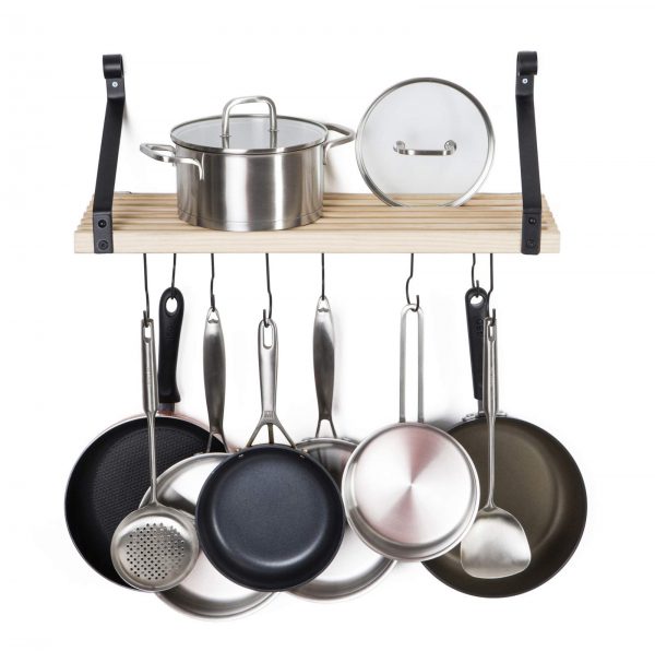 Soduku Pot Pan Rack with Solid Wood Shelf, Wall Mounted Multifunctional Kitchen Hanging Organizer with 8 Hooks for Pots Pans Lids Utensils Cookware Natural