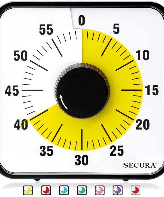 Secura Kitchen Timer 60-Minute Mechanical Visual Timers for Cooking, 7.5-Inch Oversize Countdown Clock for Teaching, Meeting, Facial with Magnetic Backing, Collapsible Legs, Hanging Hole (Yellow)
