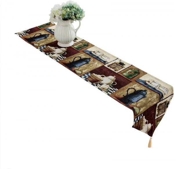 LYJEE 14 x 71 inch Coffee Theme Table Runner Cotton-Polyester Washable Table Runner for Dining Room Kitchen Table Decor,Outdoor or Indoor Parties…