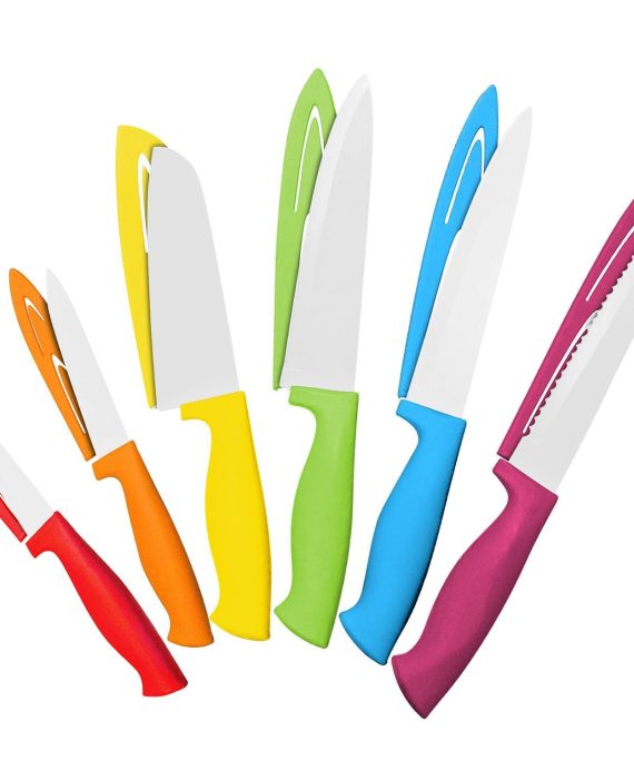 12 Piece Steel Color Knife Set - 6 Steel Dishwasher Safe Kitchen Knives with 6 Knife Sheath Covers - Chef Knife Sets with Bread, Slicer, Santoku, Utility and Paring Knives - Colored Knife Set