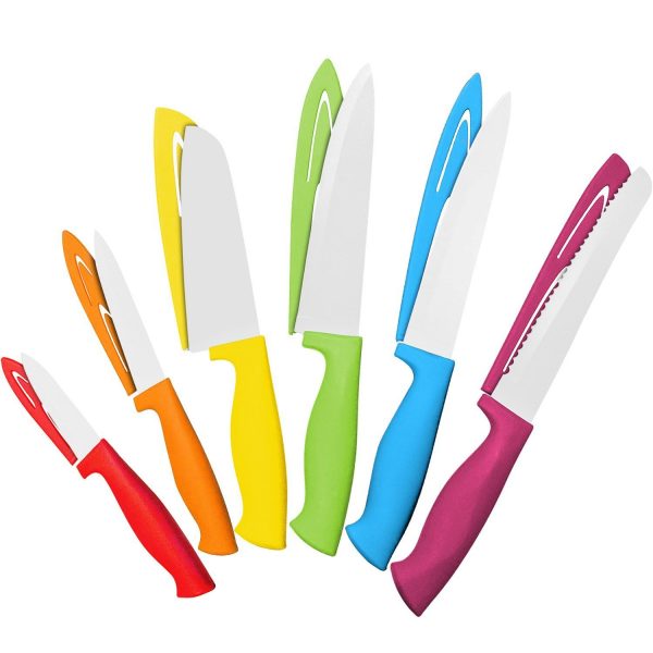 12 Piece Steel Color Knife Set - 6 Steel Dishwasher Safe Kitchen Knives with 6 Knife Sheath Covers - Chef Knife Sets with Bread, Slicer, Santoku, Utility and Paring Knives - Colored Knife Set