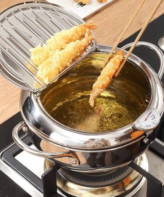 PUJIA Japanese Style Deep Frying Pot Thermometer Stainless Steel Tempura Fryer Pan Temperature Control Fried Chicken Pot Cooking Tools Kitchen Utensil