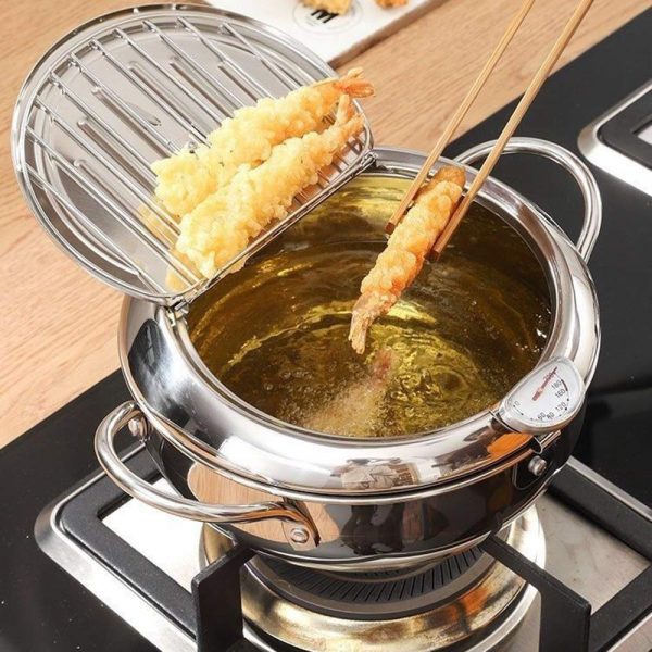 PUJIA Japanese Style Deep Frying Pot Thermometer Stainless Steel Tempura Fryer Pan Temperature Control Fried Chicken Pot Cooking Tools Kitchen Utensil