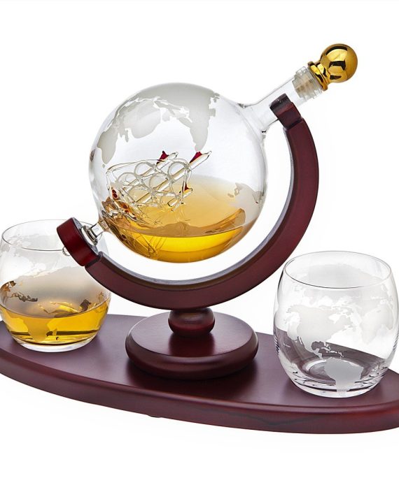 Whiskey Decanter Globe Set with 2 Etched Globe Whisky Glasses - for Liquor, Scotch, Bourbon, Vodka - 850ml