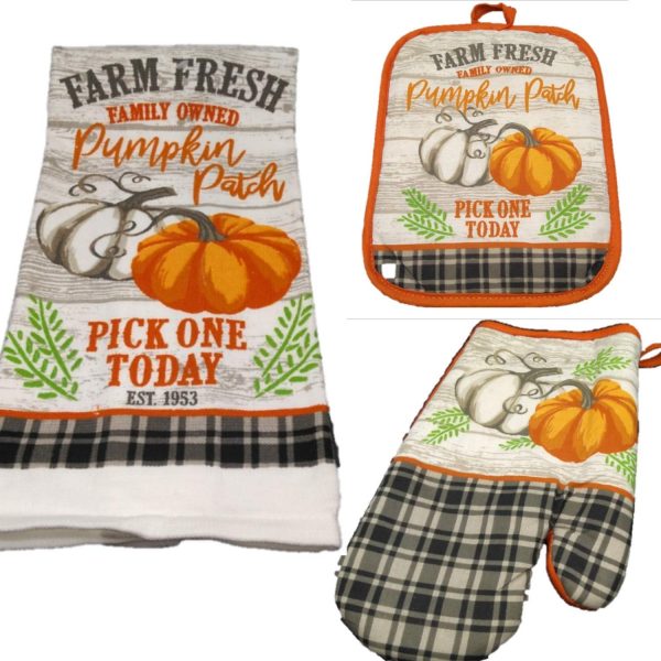 Kitchen Linen Set - Fall Decorations - Bring The Harvest of a Farm Fresh Family Owned Pumpkin Patch Into The Kitchen - Dish Towel - Oven Mitt - Pot Holder - Buffalo Check Home Decor