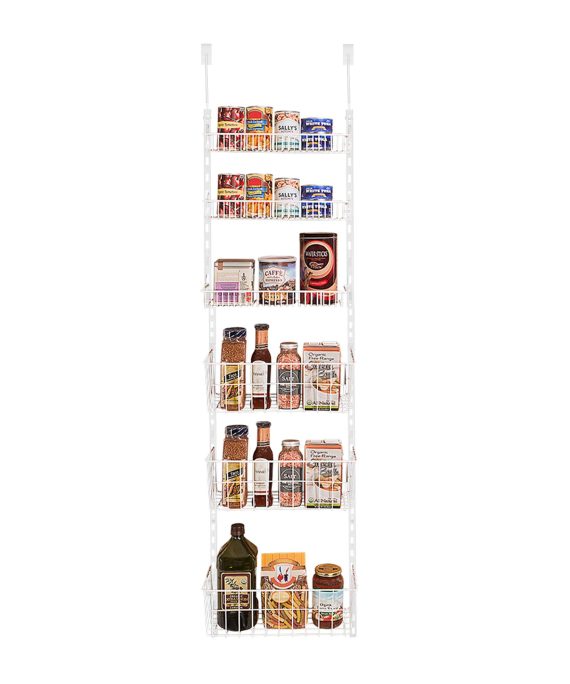 Smart Design Over The Door Adjustable Pantry Organizer Rack w/ 6 Adjustable Shelves - Steel Metal - Hanging - Wall Mount - Cans, Spice, Storage, Closet - Kitchen [White]