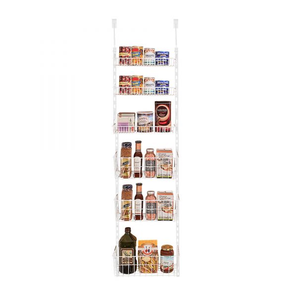 Smart Design Over The Door Adjustable Pantry Organizer Rack w/ 6 Adjustable Shelves - Steel Metal - Hanging - Wall Mount - Cans, Spice, Storage, Closet - Kitchen [White]