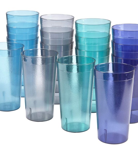 Cafe 20-ounce Break-Resistant Plastic Restaurant-Style Beverage Tumblers | Set of 16 in 4 Coastal Colors