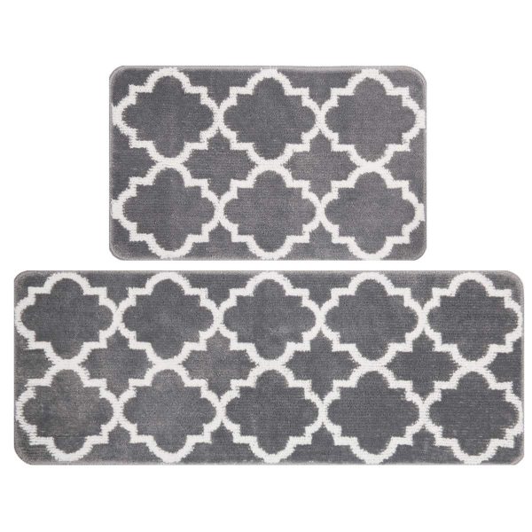 HEBE Kitchen Rug Sets 2 Pieces Non Slip Moroccan Trellis Kitchen Rug and Mat Set Washable Throw Rug Carpet Mat Runner for Entryway Kitchen Bedroom Grey(18"x47"+18"x30")