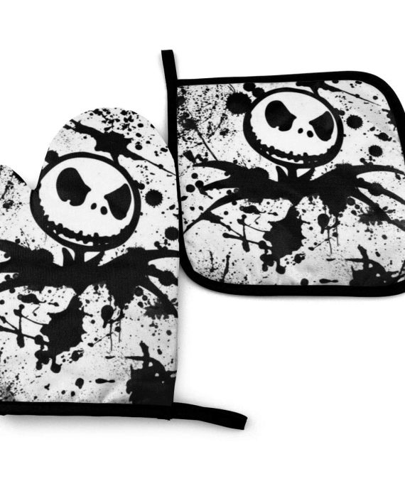 Happy Daddy 1 Cotton Kitchen Oven Mitt Gloves 11 x 7.5 and 1 Potholder 8 x 8 Kitchen Gift Set, Machine Washable and Heat Resistant for Safe BBQ,Cooking, Baking,(The Nightmare Before Christmas)