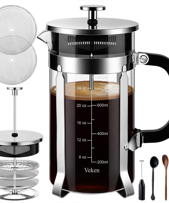 Veken French Press Coffee Maker (34 oz), 304 Stainless Steel Coffee Press with 4 Filter Screens, Durable Easy Clean Heat Resistant Borosilicate Glass - 100% BPA Free, Silver