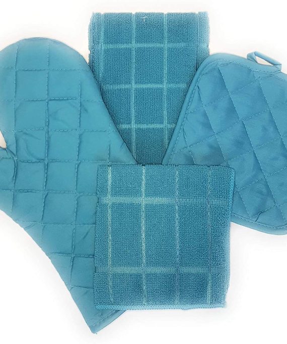 Turquoise 9 Piece Kitchen Linen Bundle with 2 Dish Towels, 2 Dish Cloth Scrubbers, 2 Potholders, 1 Oven Mitt & 2 Matching Spatulas