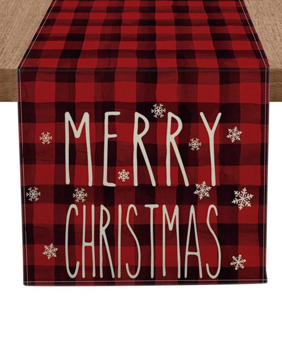 Artoid Mode Red and Black Buffalo Plaid Merry Christmas Snowflakes Table Runner, Seasonal Winter Xmas Holiday Tablecloth Kitchen Dining Table Linen for Indoor Outdoor Home Party Decor 13 x 72 Inch