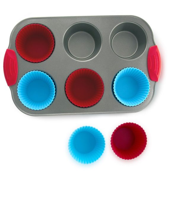 Nonstick Bakeware 6-Cup Muffin Pan with Silicone Cupcake Liners (Set of 6) by Boxiki Kitchen | Premium Nonstick Baking Muffin Tin and Muffin Cups