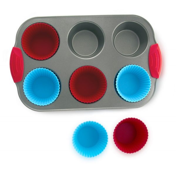 Nonstick Bakeware 6-Cup Muffin Pan with Silicone Cupcake Liners (Set of 6) by Boxiki Kitchen | Premium Nonstick Baking Muffin Tin and Muffin Cups
