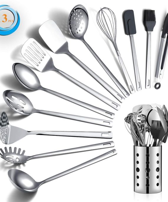 Stainless Steel Cooking Utensils Set, Berglander 13 Pieces Kitchen Utensils Set, Kitchen Tools Set With Utensil Holder Non-Stick And Heat Resistant,Dishwasher Safe, Easy to Clean (13 Packs)