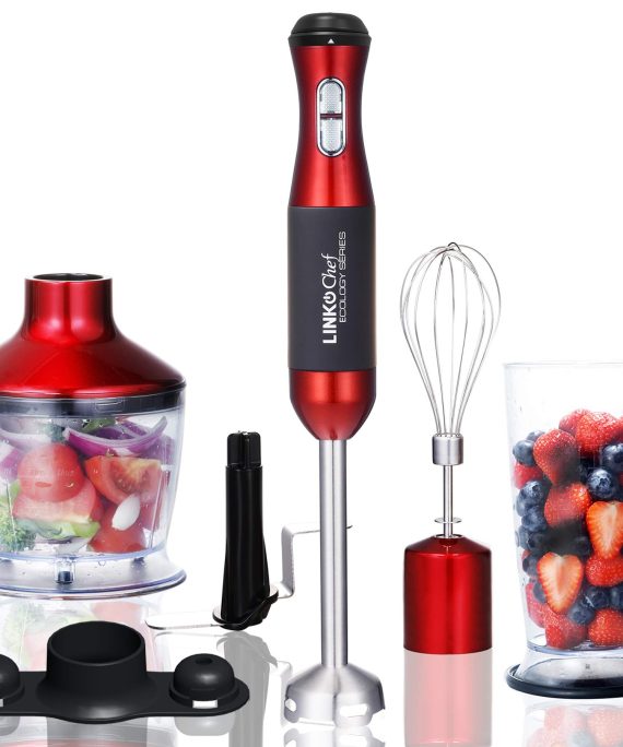 Immersion Blender LINKChef 4-in-1 Hand Blender Stick Powerful Low Noise Large 800ml Beaker, Stainless Steel Whisk and 500ml Food Chopper, BPA-Free, Red/Black(HB-1230T)-3 Years Warranty (Red and black)
