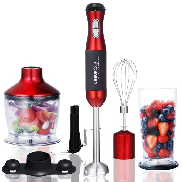 Immersion Blender LINKChef 4-in-1 Hand Blender Stick Powerful Low Noise Large 800ml Beaker, Stainless Steel Whisk and 500ml Food Chopper, BPA-Free, Red/Black(HB-1230T)-3 Years Warranty (Red and black)