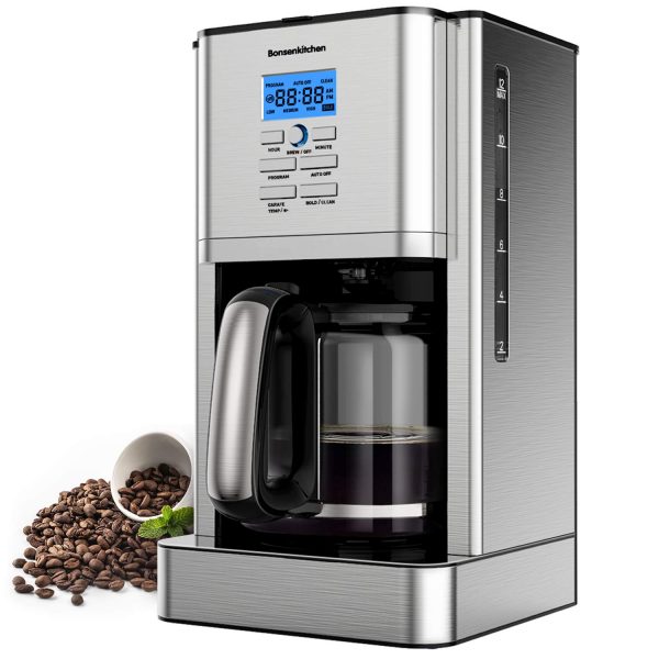 12 Cup Programmable Stainless Steel Drip Coffee Maker Machines Built in Hot Preservation Board Coffee Pot with Glass Carafe Permanent Filter Basket 60 Oz