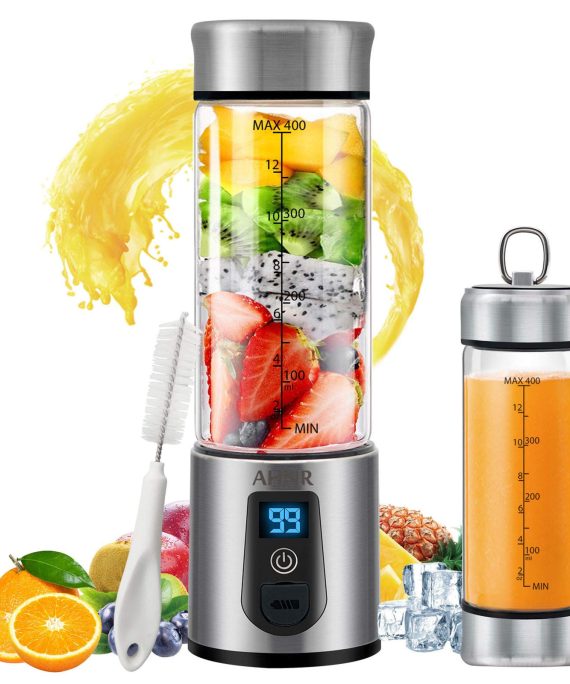 Compact and portable 15oz blender with USB rechargeable base, perfect for smoothies, shakes, and juices on the go. BPA-free and dishwasher safe. 