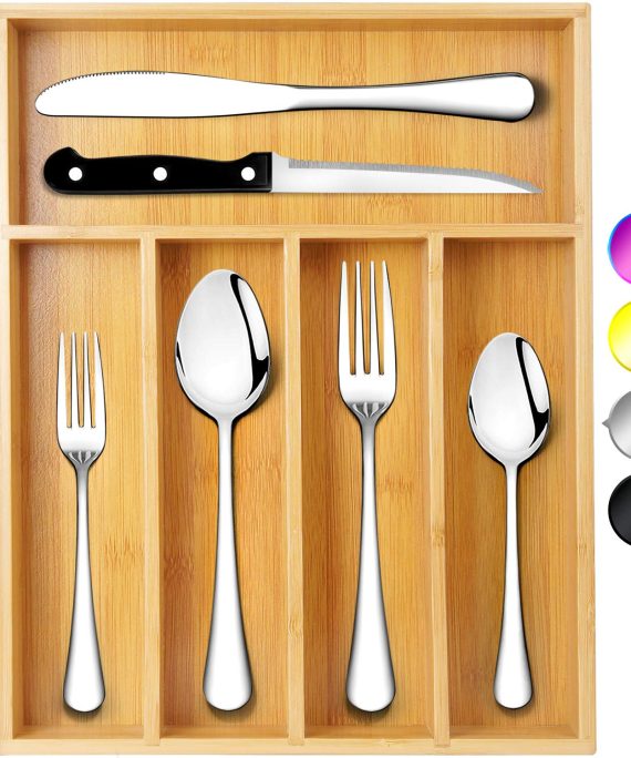 Teivio 24-Piece Silverware Set, Flatware Set Mirror Polished, Dishwasher Safe Service for 4, Include Knife/Fork/Spoon with Bamboo 5-Compartment Silverware Drawer Organizer Box