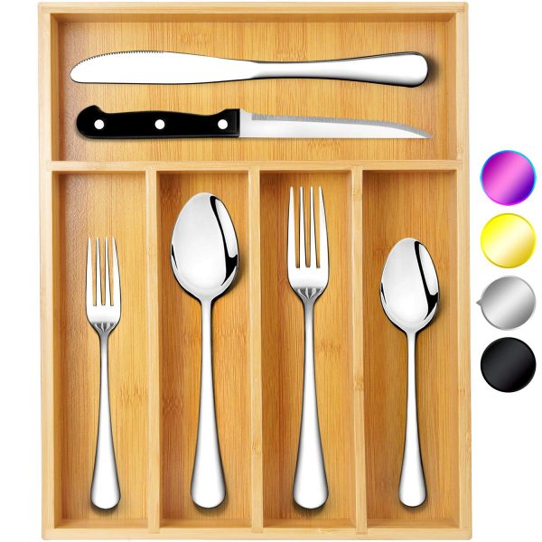 Teivio 24-Piece Silverware Set, Flatware Set Mirror Polished, Dishwasher Safe Service for 4, Include Knife/Fork/Spoon with Bamboo 5-Compartment Silverware Drawer Organizer Box