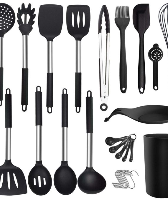Silicone Cooking Utensil Set - ADINC 480℉ Heat Resistant Dishwasher Safe Silicone Cooking Kitchen Utensils Set Stainless Steel Handle Spoon Spatula Whisk Tongs Holder for Nonstick Cookware Black/30PCS