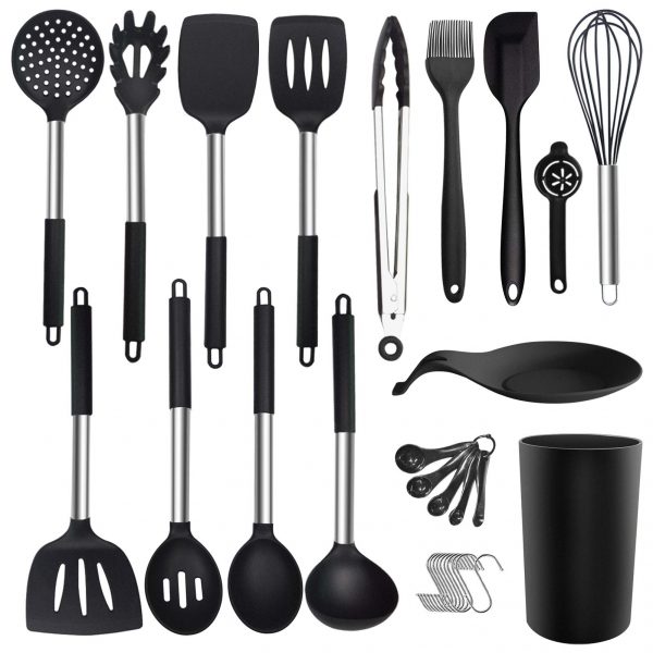 Silicone Cooking Utensil Set - ADINC 480℉ Heat Resistant Dishwasher Safe Silicone Cooking Kitchen Utensils Set Stainless Steel Handle Spoon Spatula Whisk Tongs Holder for Nonstick Cookware Black/30PCS