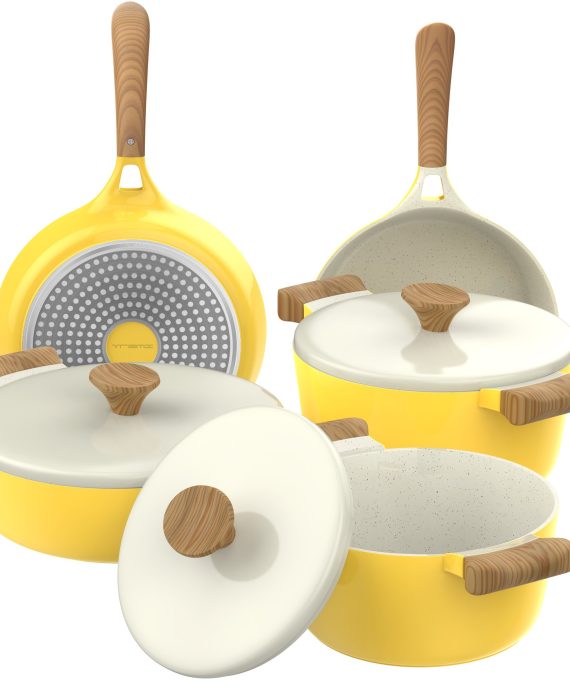 Vremi 8 Piece Ceramic Nonstick Cookware Set Induction Stovetop Compatible Dishwasher Safe Non Stick Pots and Frying Pans with Lids, Yellow and White