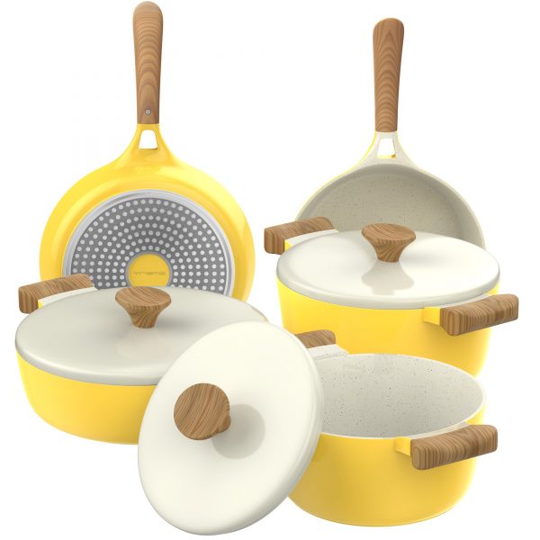 Vremi 8 Piece Ceramic Nonstick Cookware Set Induction Stovetop Compatible Dishwasher Safe Non Stick Pots and Frying Pans with Lids, Yellow and White