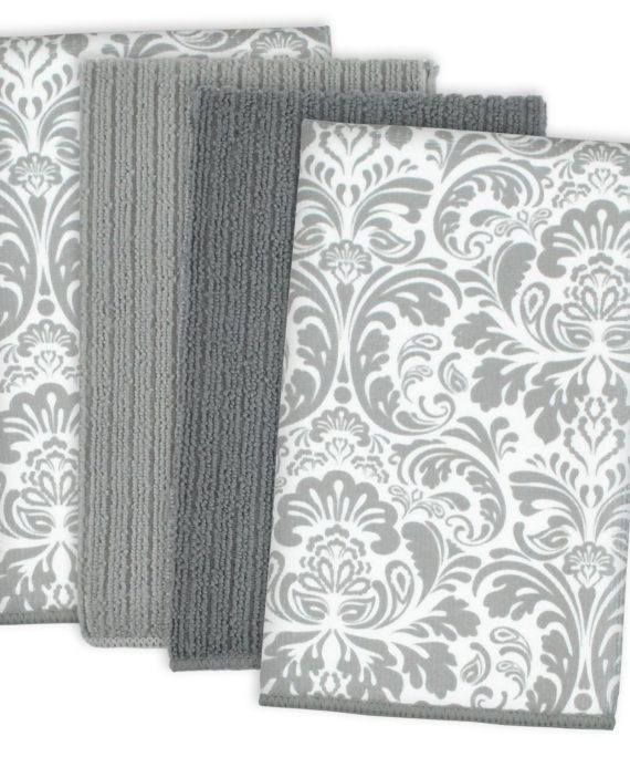DII Microfiber Multi-Purpose Cleaning Towels Perfect for Kitchens, Dishes, Car, Dusting, Drying Rags, 16 x 19, Set of 4 - Gray Damask