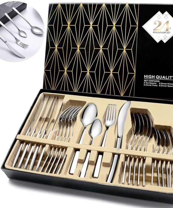Silverware Set, HOBO 24-Piece Stainless Steel Flatware Silverware Set with Premium Gift box, Include Knife/Fork/Spoon/Teaspoon Service for 6, Mirror Finish, Smooth Edge