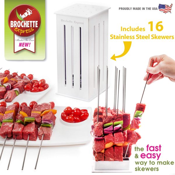 Brochette Express Kebab Kitchen Tool | 16 Stainless Steel Barbecue Skewers for Making Kabobs | Made in the USA