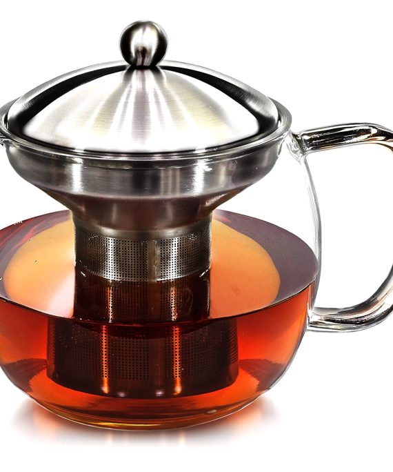 Teapot with Infuser for Loose Tea - 40oz, 3-4 Cup Tea Infuser, Clear Glass Tea Kettle Pot with Strainer & Warmer - Loose Leaf, Iced Tea Maker & Brewer