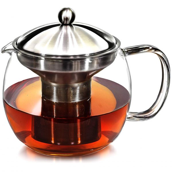 Teapot with Infuser for Loose Tea - 40oz, 3-4 Cup Tea Infuser, Clear Glass Tea Kettle Pot with Strainer & Warmer - Loose Leaf, Iced Tea Maker & Brewer