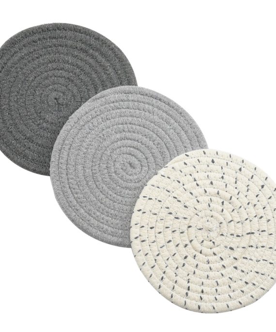 Potholders Set Trivets Set 100% Pure Cotton Thread Weave Hot Pot Holders Set (Set of 3) Stylish Coasters, Hot Pads, Hot Mats,Spoon Rest For Cooking and Baking by Diameter 7 Inches (Gray)