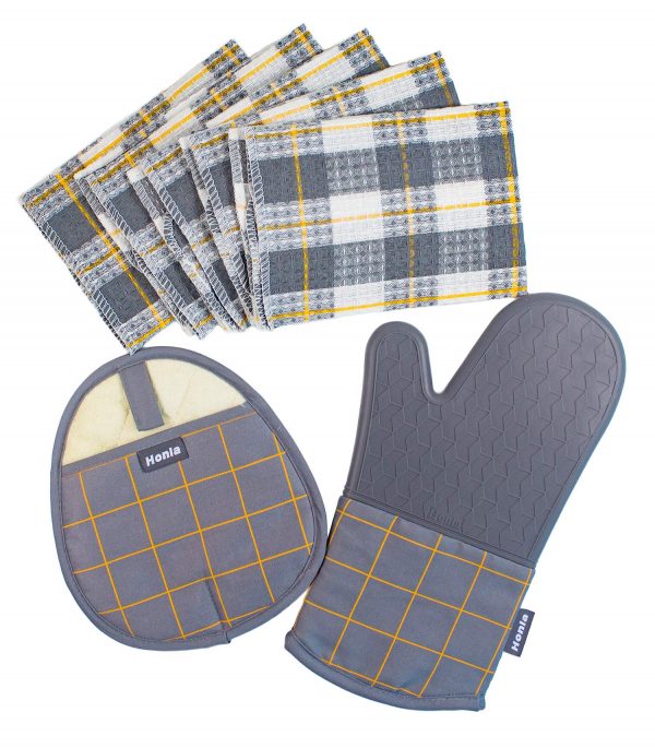 Honla 7 Piece Kitchen Linen Sets,Cotton Windowpane Dish Cloths,Silicone Pot Holder and Oven Mitt Glove,Heat Resistant to 500 Degree F,Machine Washable,Grey