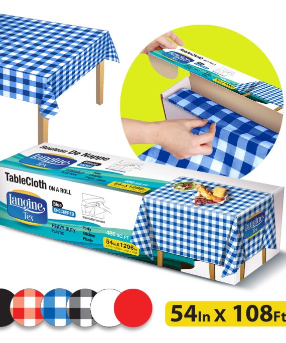 Langine Tex 54 Inch x 108 Feet Disposable Plastic Tablecloth Roll Table Cover for Round, Rectangle, Square Tables Tablecloths for Picnic, Restaurant, Party, Banquet, Inside, Outside, Blue Checkered