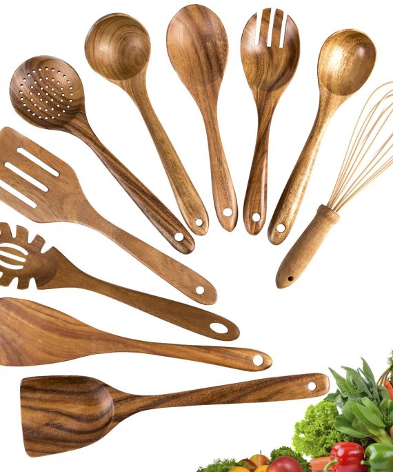 Wooden Cooking Utensils,10 Pack Kitchen Utensils Wooden Spoons for Cooking,Teak Wooden Cooking Spoons Spatula for Nonstick Cookware (10)