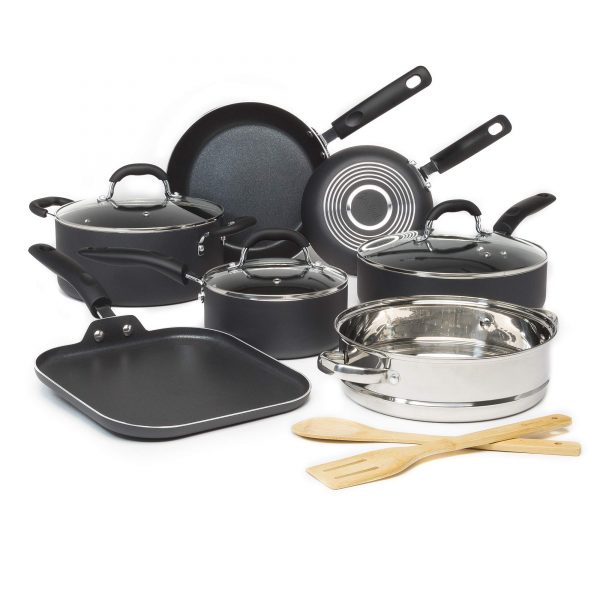 Goodful Premium Non-Stick Cookware Set, Dishwasher Safe Pots and Pans, Diamond Reinforced Coating, Made Without PFOA, 12-Piece, Charcoal Gray