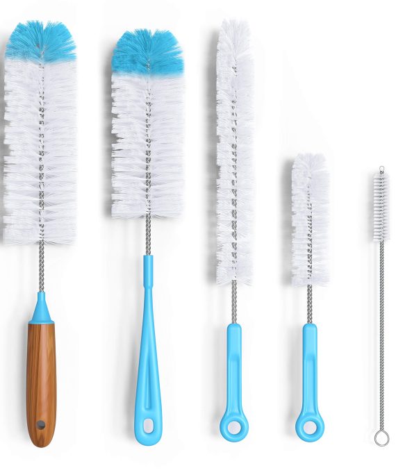 Bottle Brush Cleaner 5 Pack - Long Water Bottle and Straw Cleaning Brush - Kitchen Wire Scrub Set for Washing, Wine Decanter, Baby, Kombucha, Pipes, Hydro Flask Tumbler, Sinks, Beer Brewing Supplies