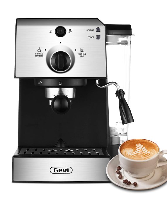 Gevi Espresso Machines 15 Bar Fast Heating Cappuccino Coffee Maker with Foaming Milk Frother Wand for Espresso, Latte Machiato, 1.25L Removable Water Tank, Double Temperature Control System, 1350W, Black/Silver.