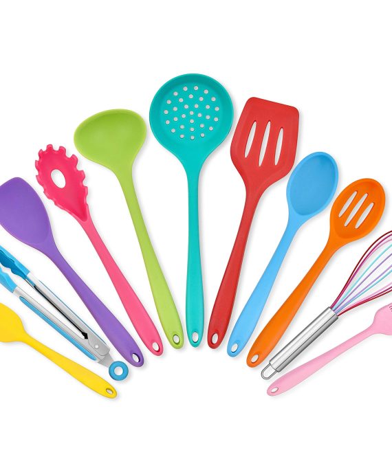 Homikit 11 Pieces Cooking Utensils Set, Silicone Kitchen Utensil Spatula Set for Nonstick Cookware, Colorful Kitchen Tools Include Whisk Turner Spoon Ladle Skimmer, Heat Resistant, Dishwasher Safe