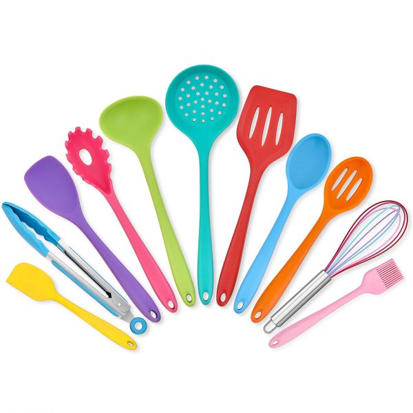 Homikit 11 Pieces Cooking Utensils Set, Silicone Kitchen Utensil Spatula Set for Nonstick Cookware, Colorful Kitchen Tools Include Whisk Turner Spoon Ladle Skimmer, Heat Resistant, Dishwasher Safe