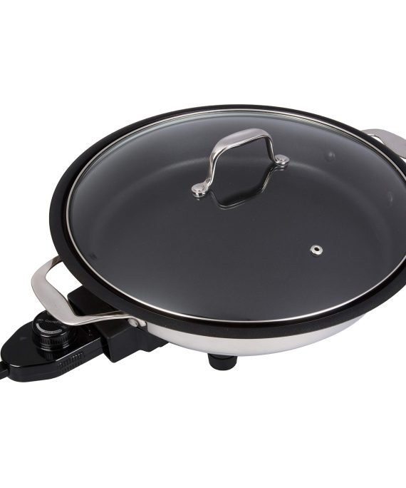 CucinaPro Electric Skillet with Tempered Glass Lid- Professional Grade Non-stick Cooker w Stainless Steel Body- 12" Round