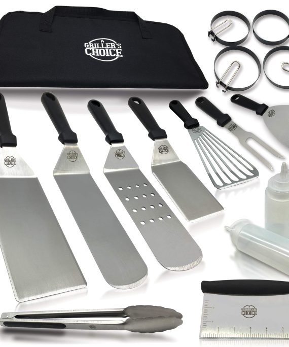 Grillers Choice- 16 PC Griddle Accessories Set- Metal Spatula Set, Commercial Heavy Duty Stainless Steel,Flat Top,Grill,Indoor-Outdoor,Hibachi,BBQ Grilling Utensils- Designed By Chef and BBQ Judge