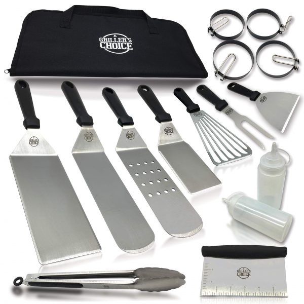 Grillers Choice- 16 PC Griddle Accessories Set- Metal Spatula Set, Commercial Heavy Duty Stainless Steel,Flat Top,Grill,Indoor-Outdoor,Hibachi,BBQ Grilling Utensils- Designed By Chef and BBQ Judge