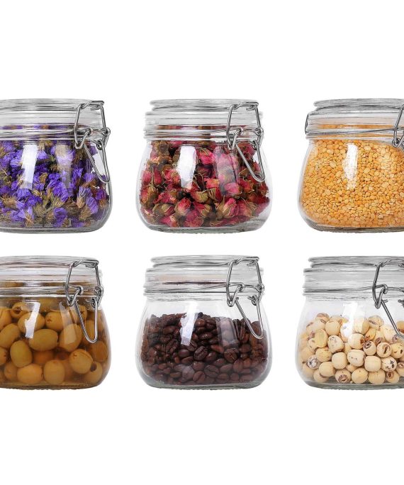 ComSaf Airtight Glass Canister Set of 6 with Lids 17oz Food Storage Jar Round - Storage Container with Clear Preserving Seal Wire Clip Fastening for Kitchen Canning Cereal,Pasta,Sugar,Beans,Spice