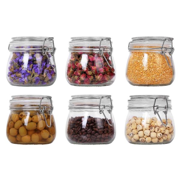 ComSaf Airtight Glass Canister Set of 6 with Lids 17oz Food Storage Jar Round - Storage Container with Clear Preserving Seal Wire Clip Fastening for Kitchen Canning Cereal,Pasta,Sugar,Beans,Spice